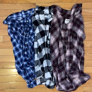 Flannel Bundle: Blue Hollister, Black/White Hollister, Maroon American Eagle